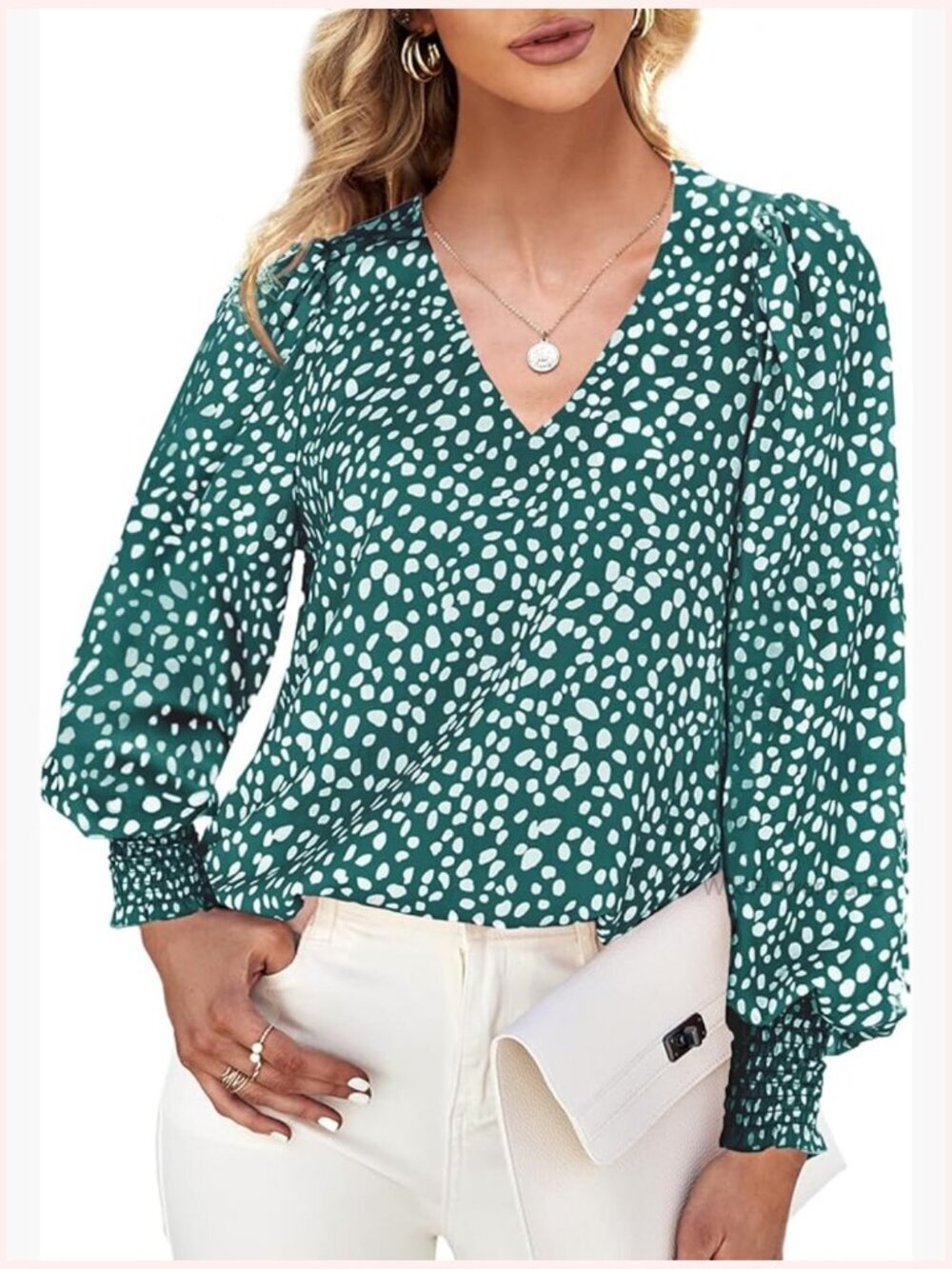 Polka Dot 3/4 Sleeve Blouse Top Crew Neck Loose Fit Tunic
